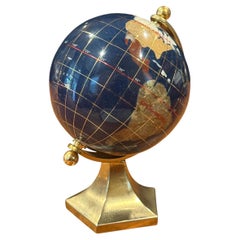 Small Post Modern Lapis & Gemstone Revolving World Globe on Brass Stand