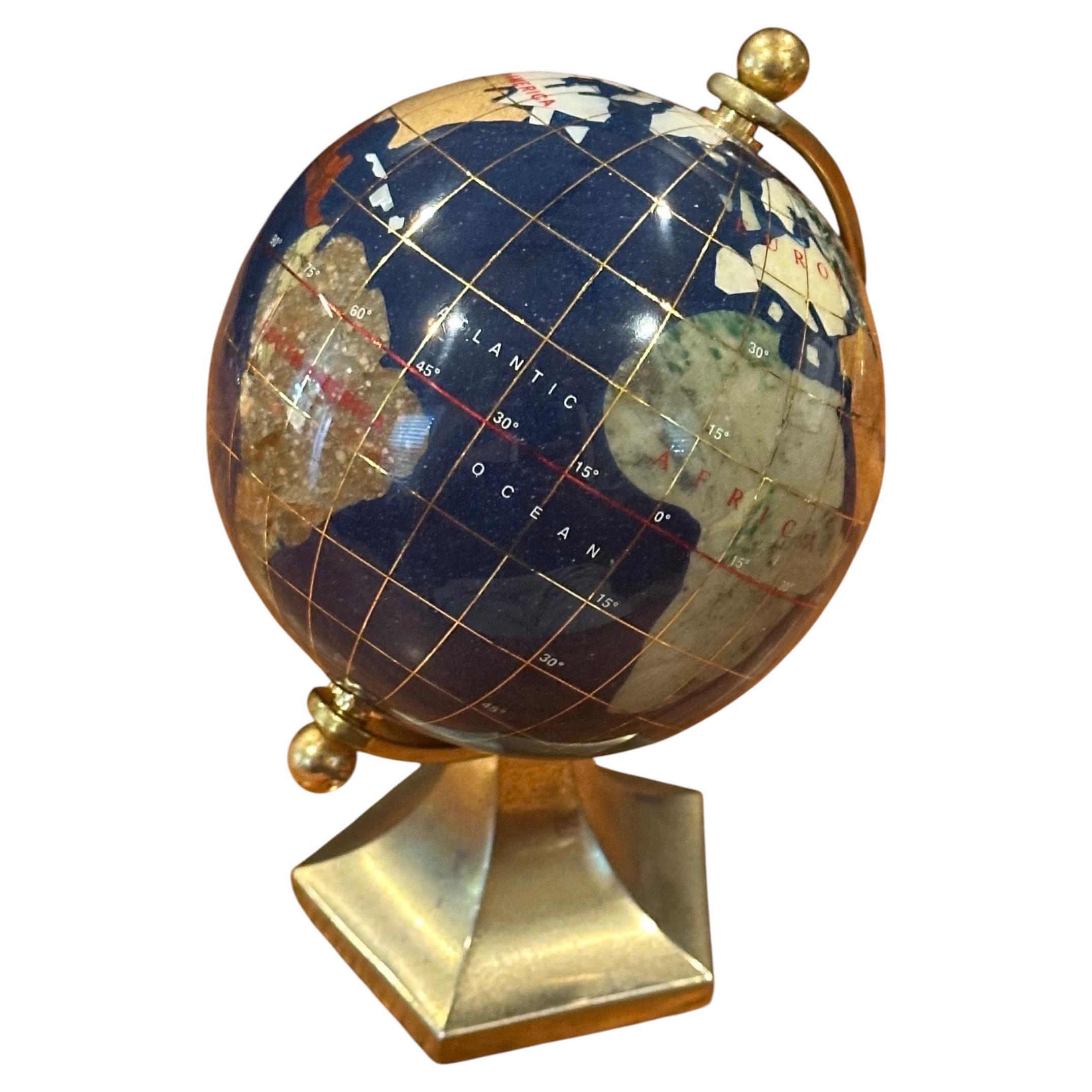 Small Post Modern Lapis & Gemstone Revolving World Globe on Brass Stand