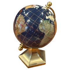 Small Post Modern Lapis & Gemstone Revolving World Globe on Brass Stand