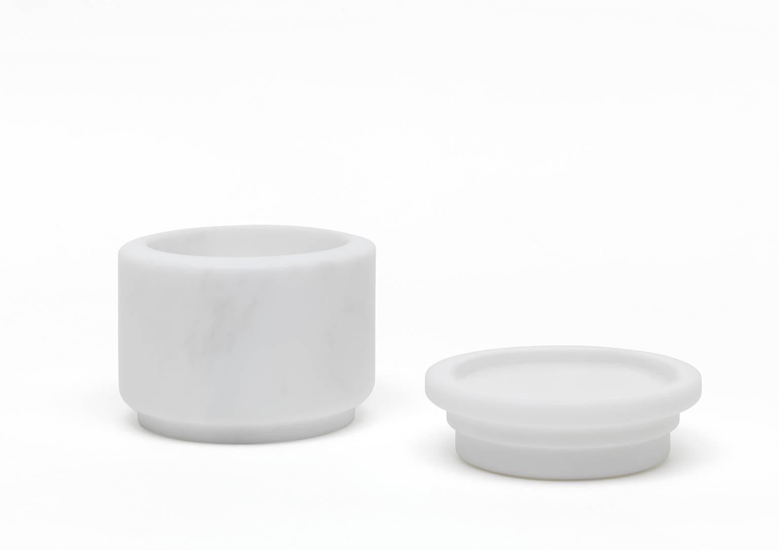 Pyxis pot / jar / container for multiple uses.
Size: 12.6 x 11 cm, smooth finishing. Commercial name: Pyxis S, Pyxis Collection by the Spanish Designer Ivan Colominas. Available also in Black Marquinia and different sizes. Made in Italy, hand