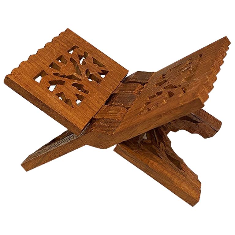 Small Brown Carved Wood Collapsible Book or Bible Stand For Sale
