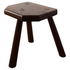 Retro Small Primitive Handmade Wooden French Stool with a Dark Stain