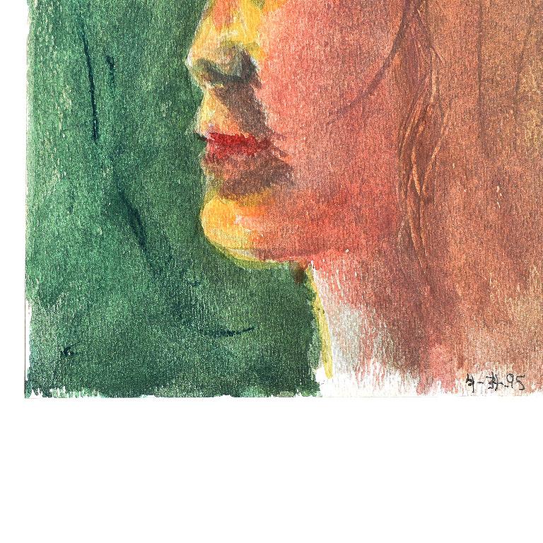 Pequeño retrato de perfil de una chica rubia sobre fondo verde Posmoderno en venta