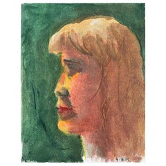 Vintage Small Profile Portrait Painting of a Blonde Girl on Green
