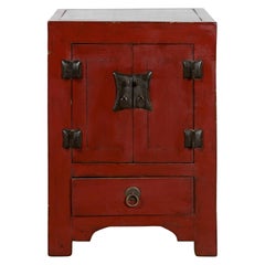 Small Qing Dynasty 19th Century Chinese Red Lacquer Elmwood Side Cabinet
