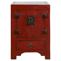 Small Qing Dynasty 19th Century Chinese Red Lacquer Elmwood Side Cabinet