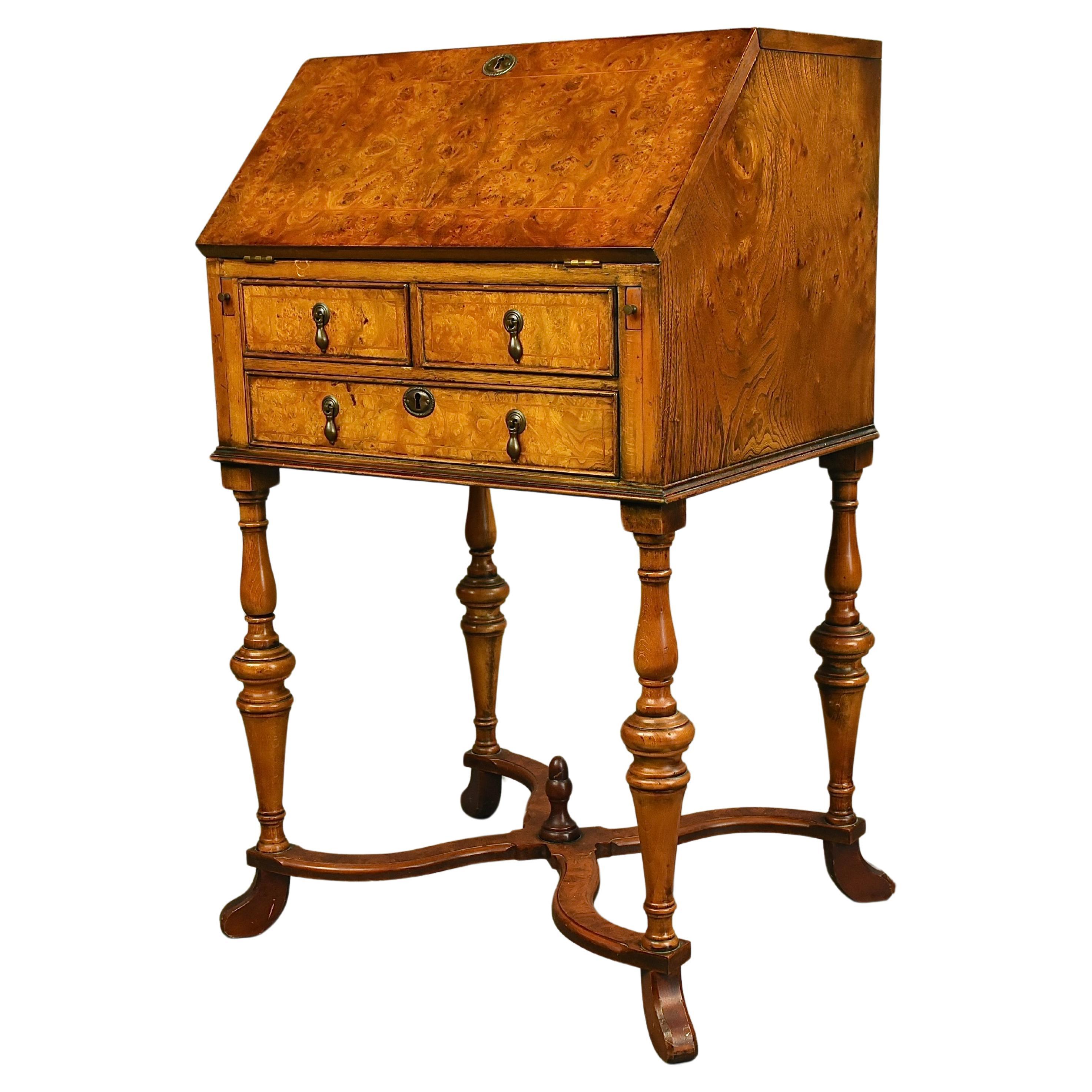 Small Queen Anne style burr walnut bureau secretary  For Sale