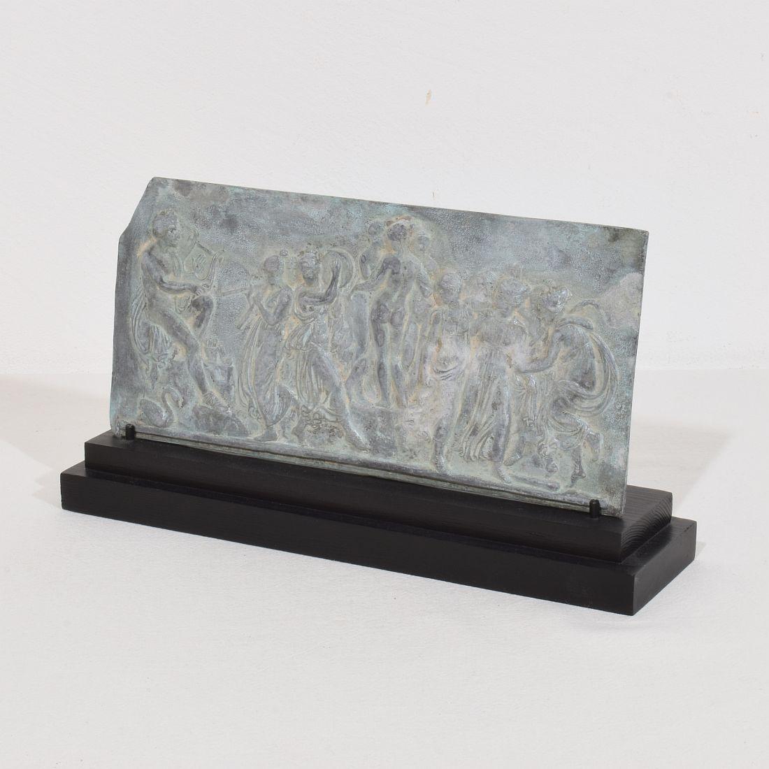 Gorgeous and beautiful weathered small pewter treasure. Great and rare pewter panel depicting a neoclassical scene.
France circa 1780
Weathered and small losses.
measurements include the wooden base.