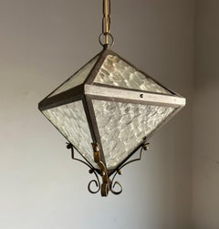 Small & Rare Triangular Design Brass & Glass Up and Down Light Pendant / Lantern