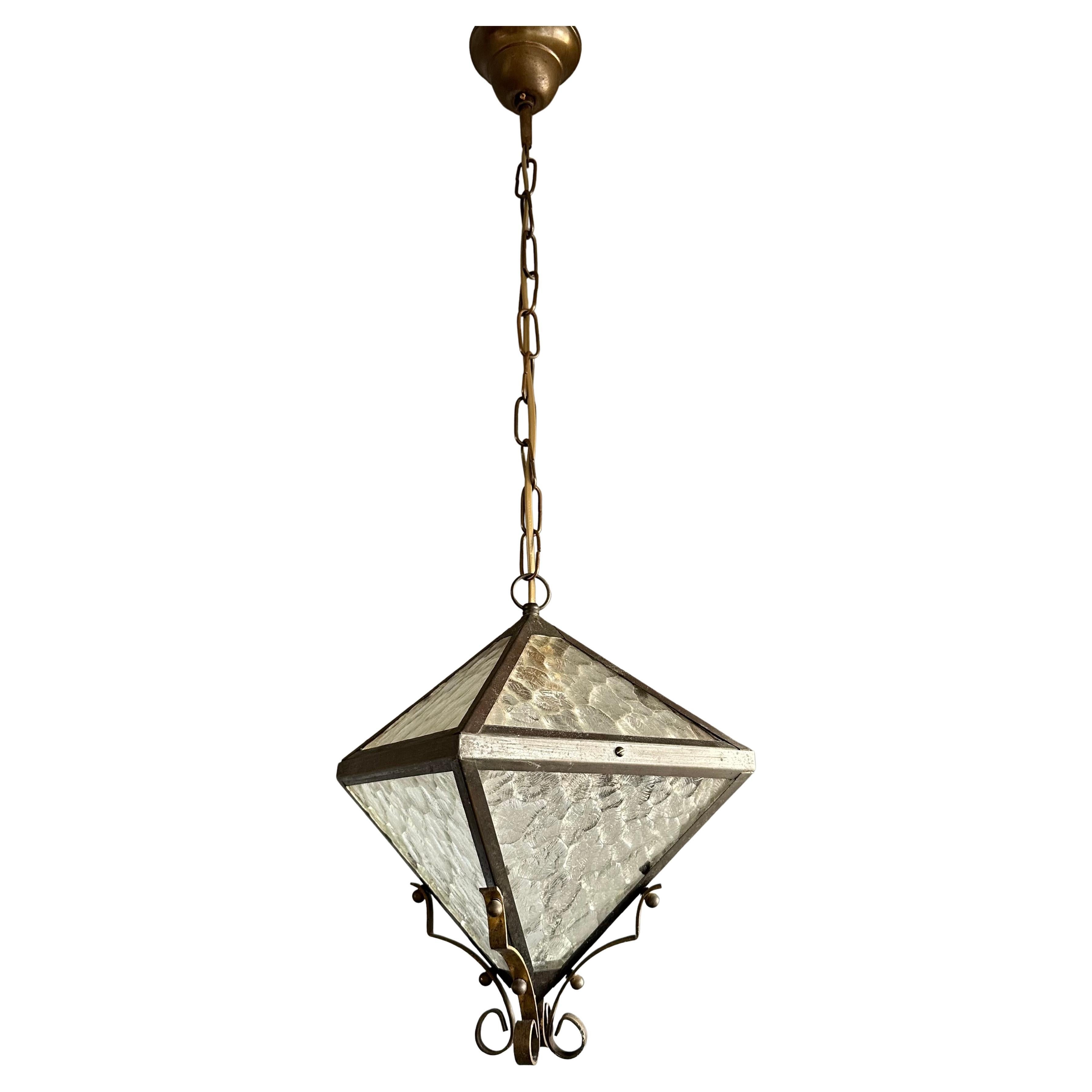 Small & Rare Triangular Design Brass & Glass Up and Down Light Pendant / Lantern