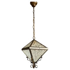 Small & Rare Triangular Design Brass & Glass Up and Down Light Pendant / Lantern