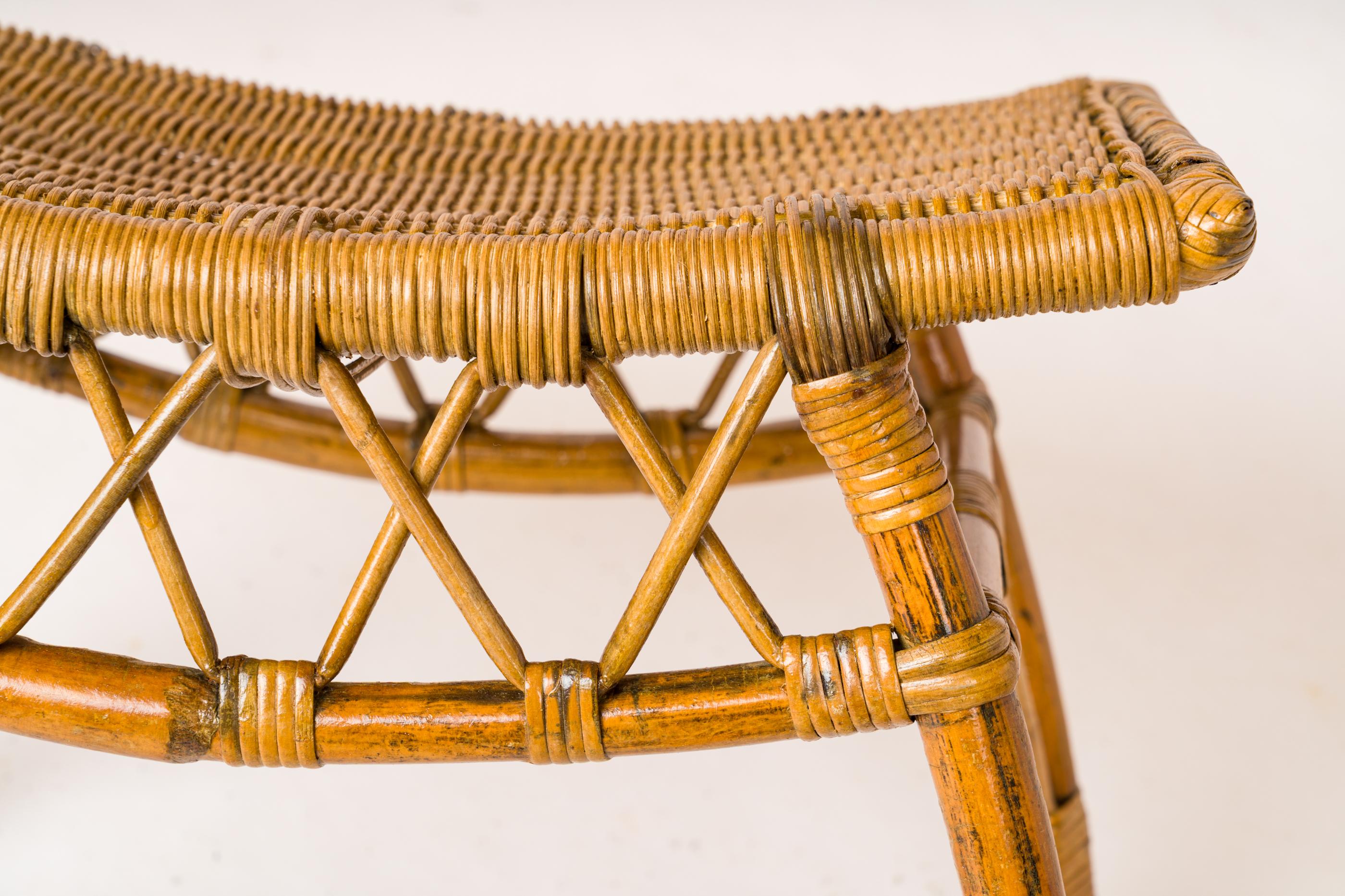 Mid-20th Century Small Rattan Arched Stool with Braided Side Pattern - France 1960's For Sale