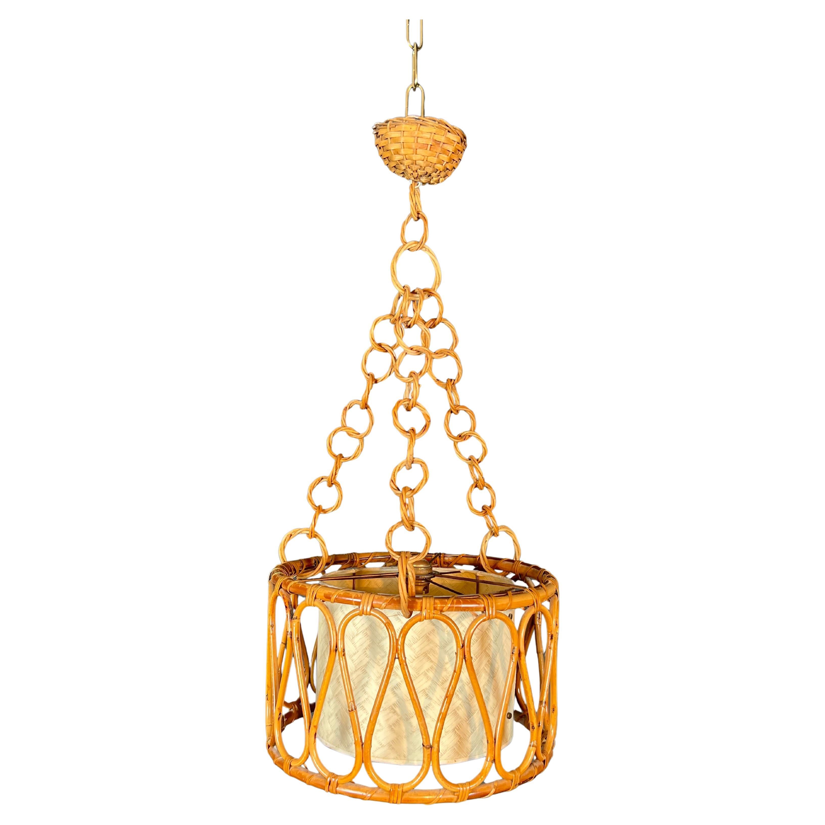 Piccolo lampadario in rattan nello stile di Adrien Audoux e Frida Minet in vendita