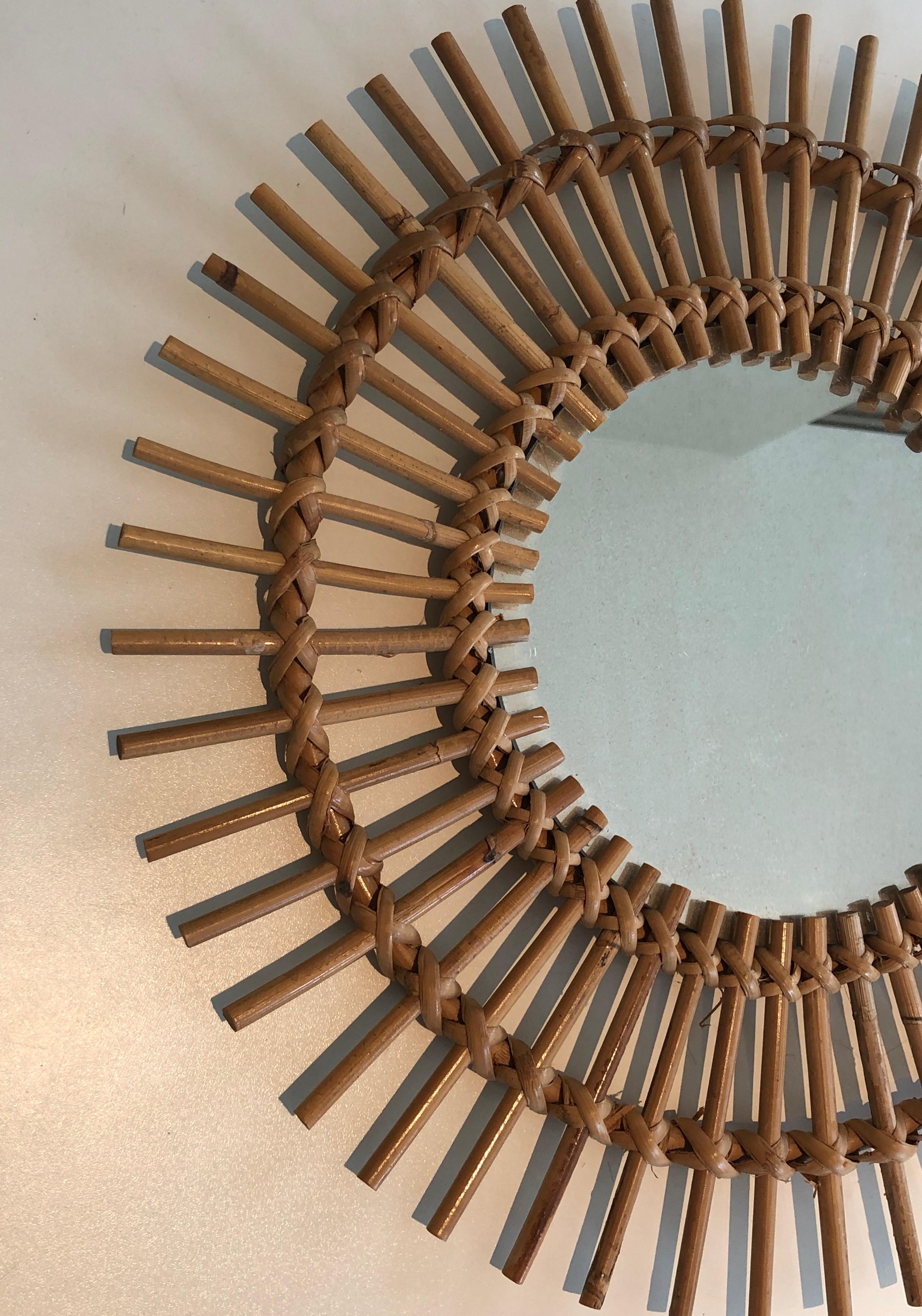 Mid-Century Modern Small Rattan Mirror, French, Circa 1970 For Sale