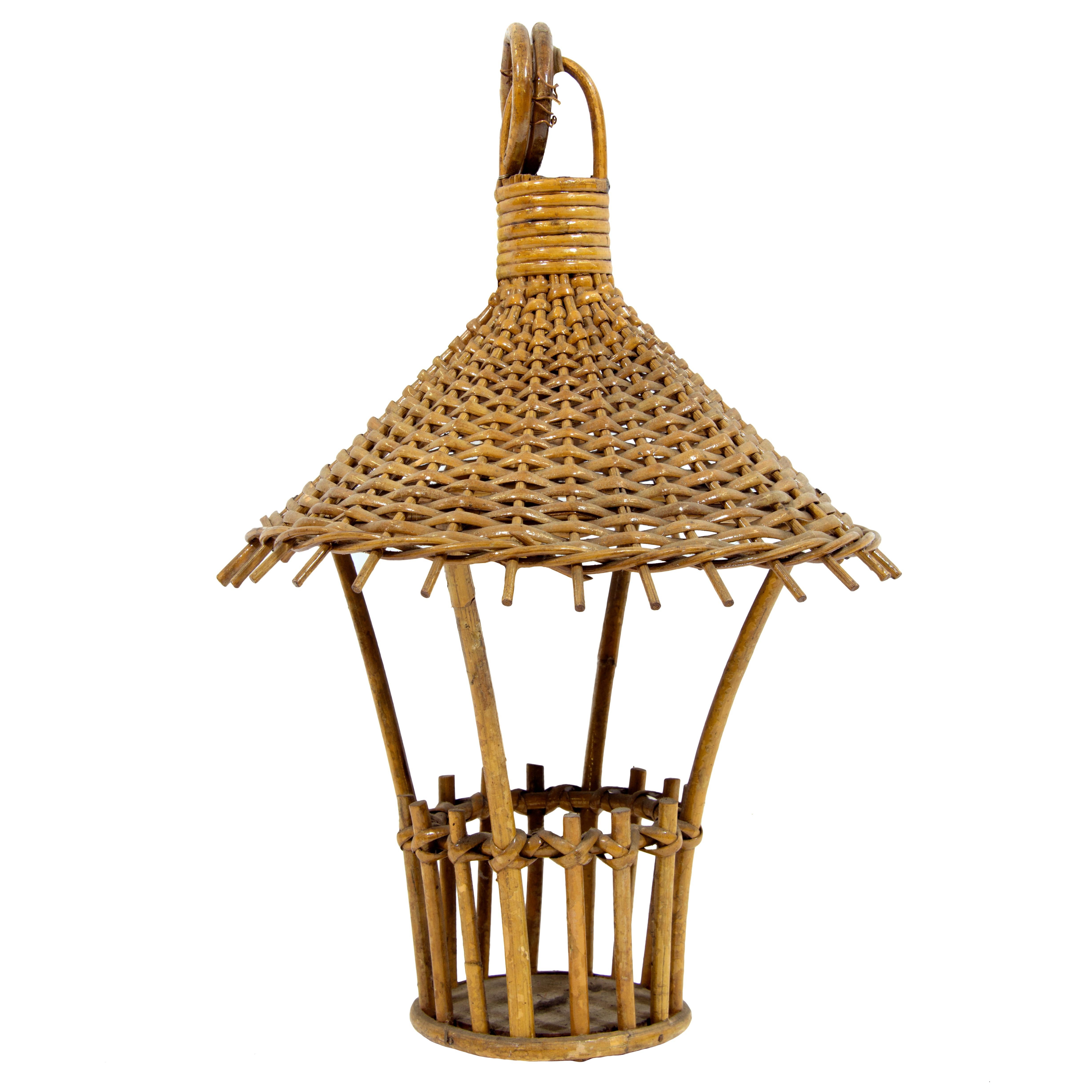 Vintage Small Rattan Sconce in a Shape of a Lantern In Good Condition In Palm Beach, FL