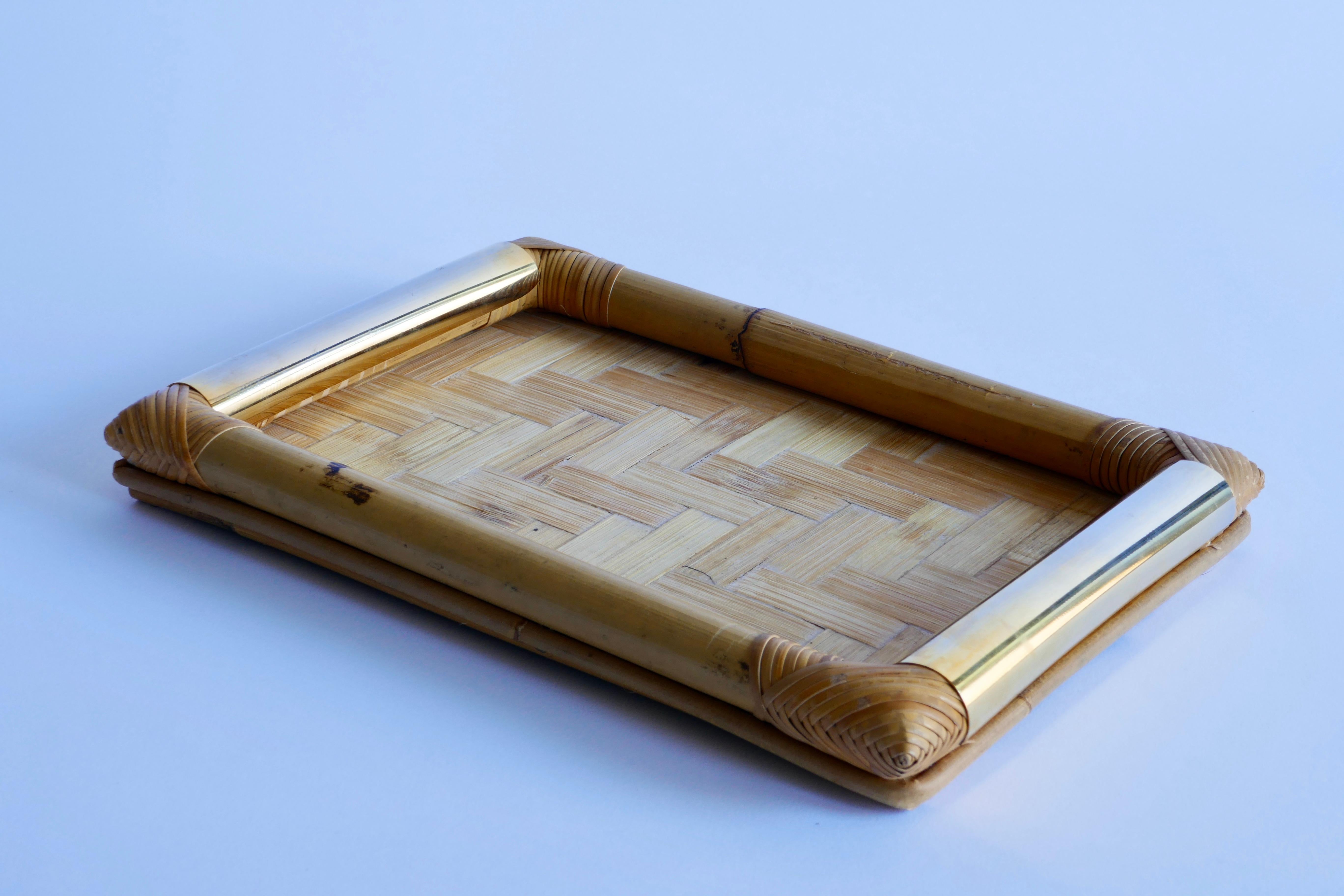 Mid-Century Modern Small Rattan Tray with Brass Handles, Italy 1970s