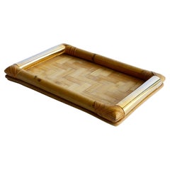 Small Rattan Tray with Brass Handles, Italy 1970s