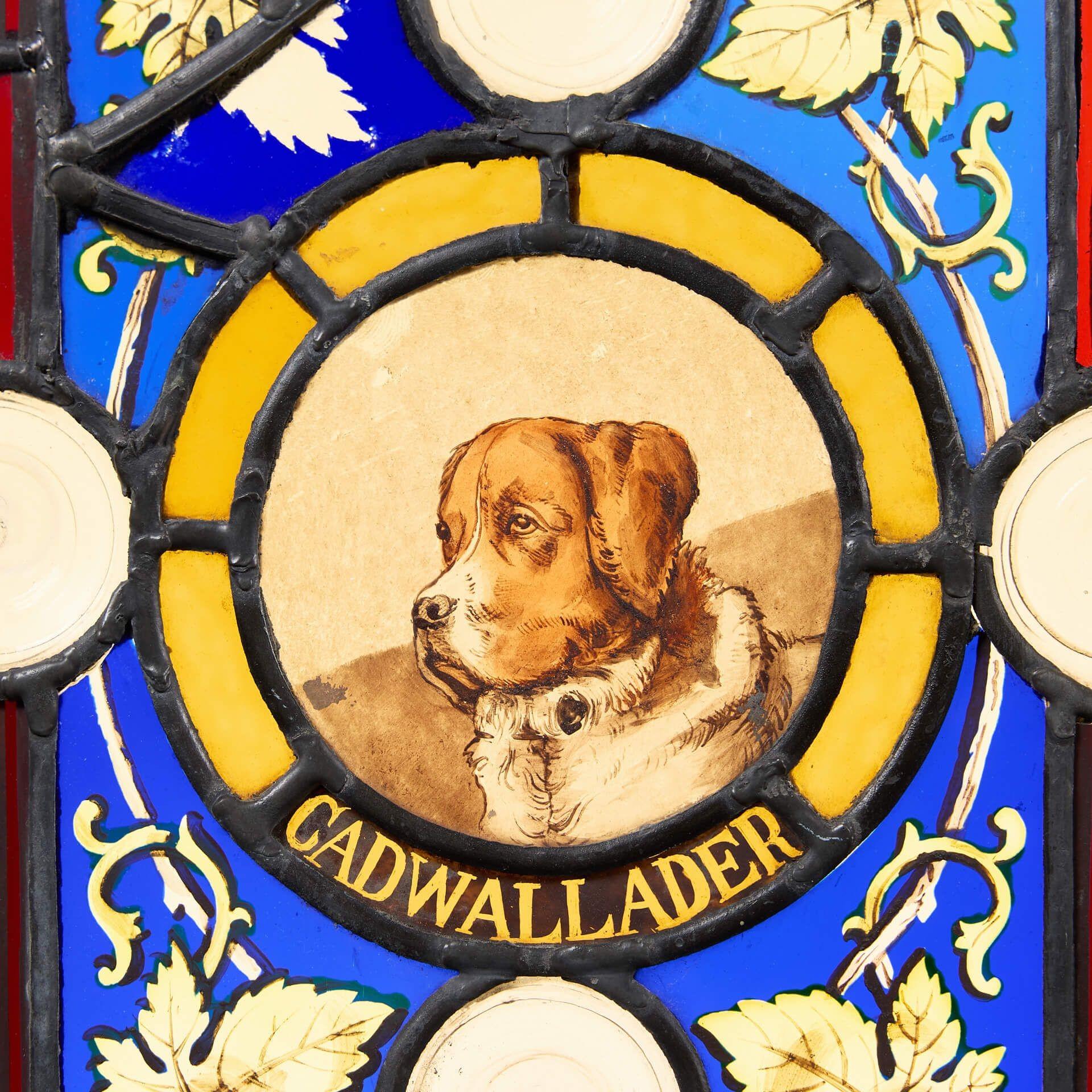 Victorian Small Reclaimed Stained Glass Panel of ‘Cadwallader’ Dog For Sale