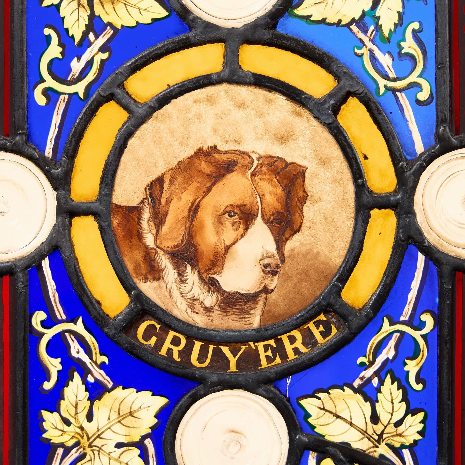 Victorian Small Reclaimed Stained Glass Panel of ‘Cruy'ere’ Dog For Sale