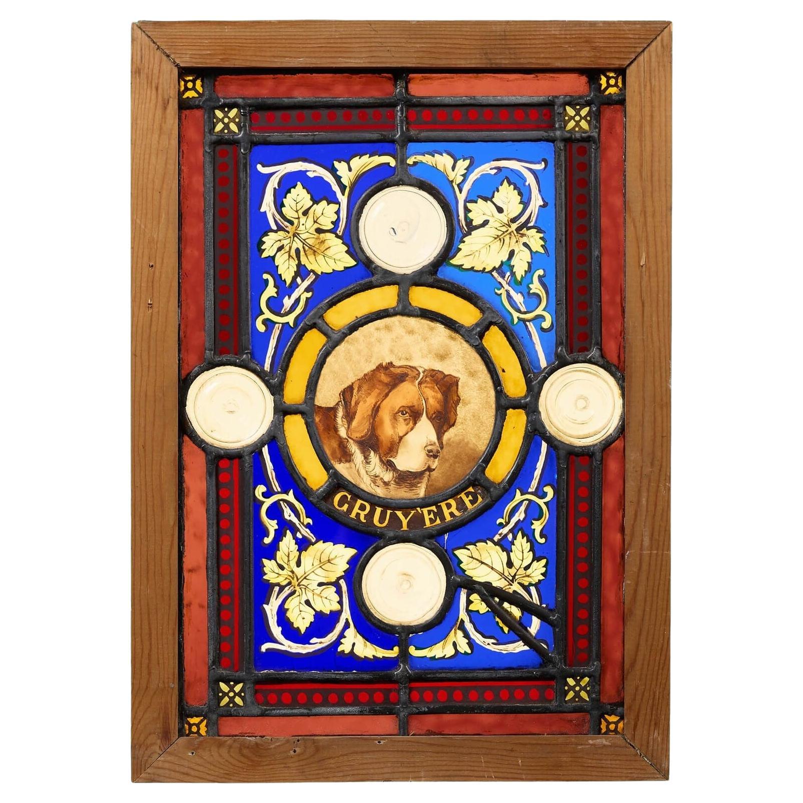 Small Reclaimed Stained Glass Panel of ‘Cruy'ere’ Dog