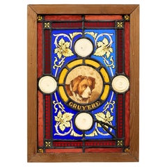 Antique Small Reclaimed Stained Glass Panel of ‘Cruy'ere’ Dog