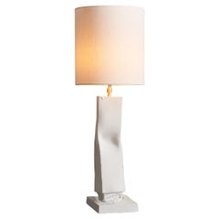 Small rectangle ceramic table lamp, white with natural canvas shade. Italy.