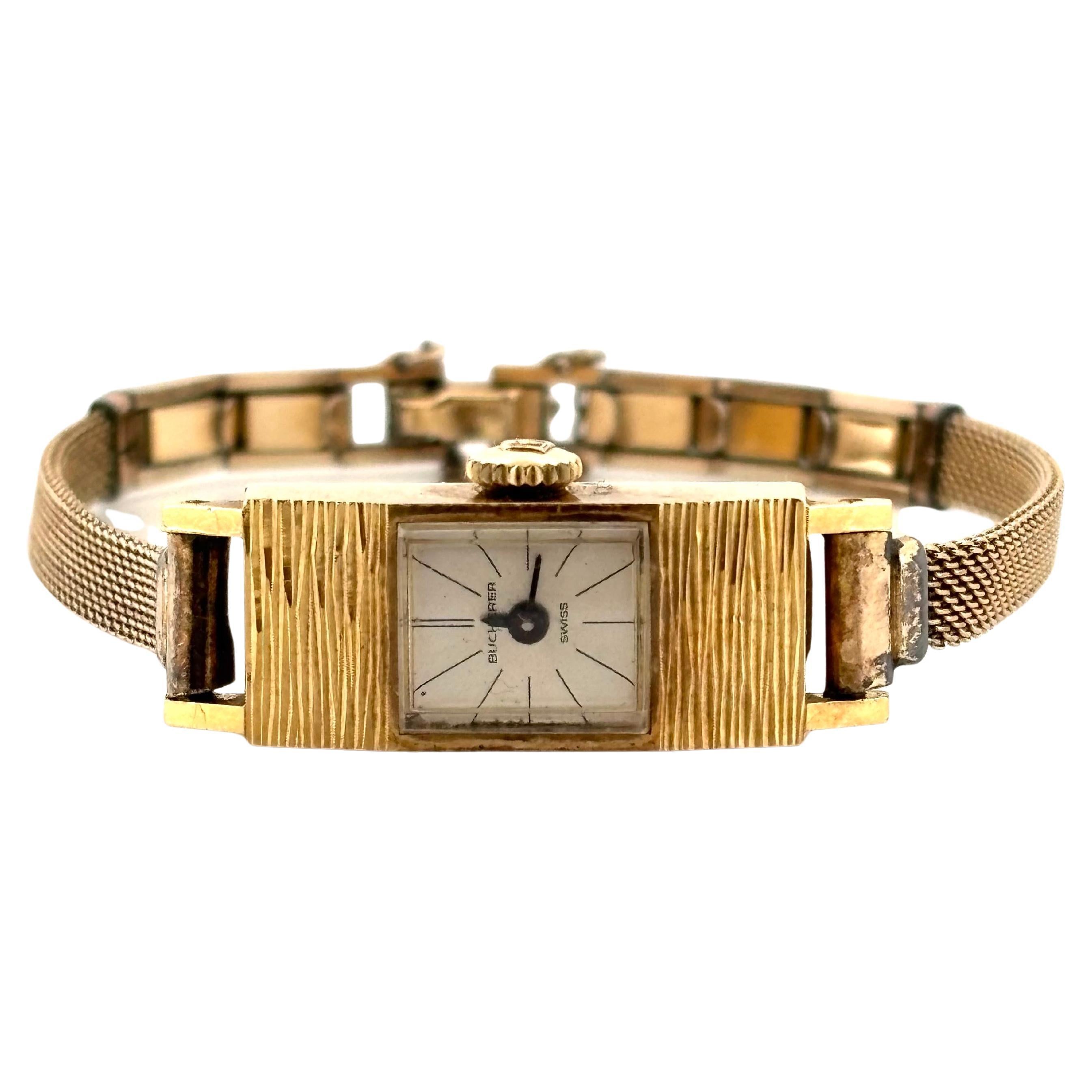 Orologio svizzero automatico Bucherer piccolo rettangolare da donna in oro giallo 18 carati