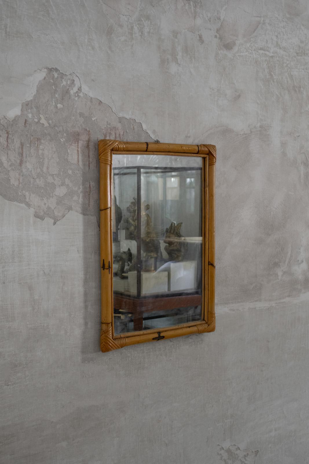 Italian Small rectangular bamboo mirror with Rattan Bindings For Sale