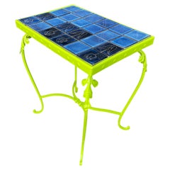 Small Rectangular Blue Tile-Top Chartreuse Side or End Table