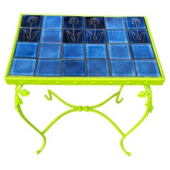 Small Rectangular Blue Tile-Top Chartreuse Side or End Table