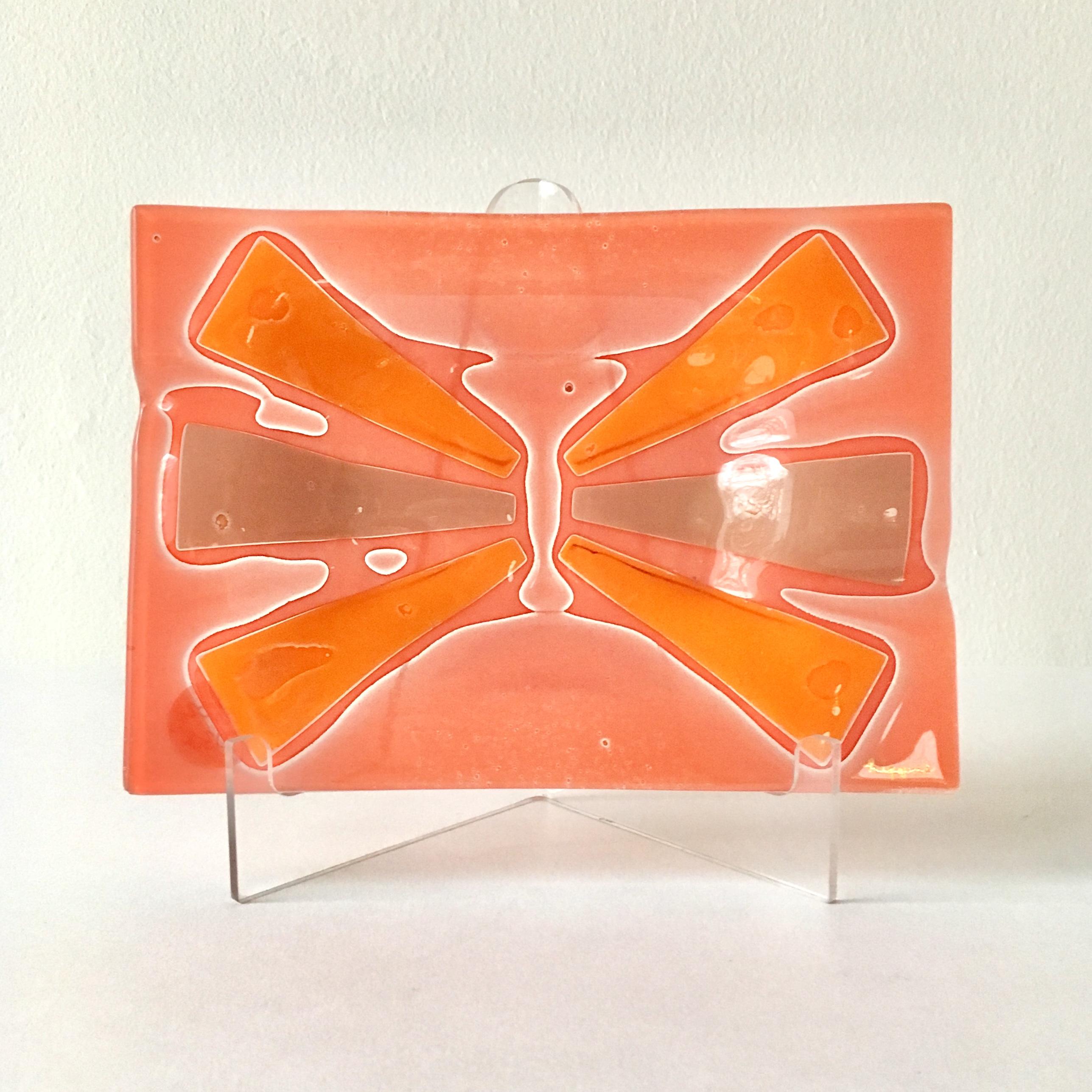 American Small Rectangular Mandarin Fused Glass Ashtray by Higgins