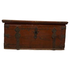 Vintage Small Red Painted 19th Century Trunk with Wrought Iron Straps