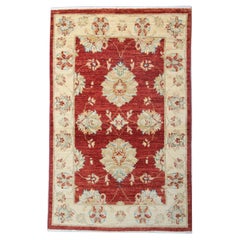 Small Red Wool Rug, Handmade Floral Oriental Carpet 121x77cm Bedroom Decor