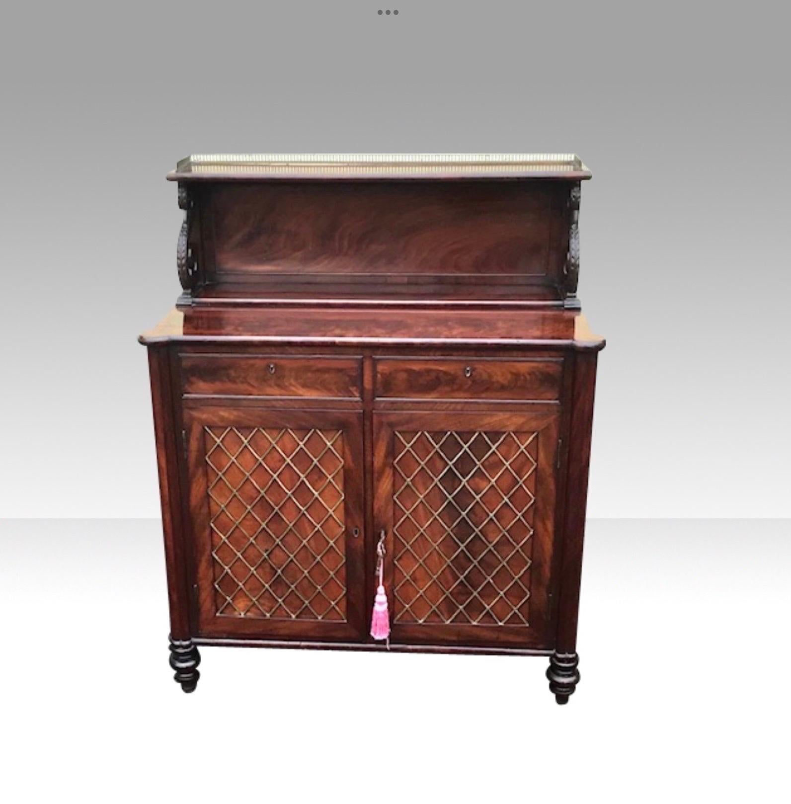 Superb Quality Regency Mahogany antique Chiffioneer cabinet sideboard of small porportions
Original brass gallery and original brass grills 
C1820
 Measures: 38ins W x 47ins H x 17ins deep.

