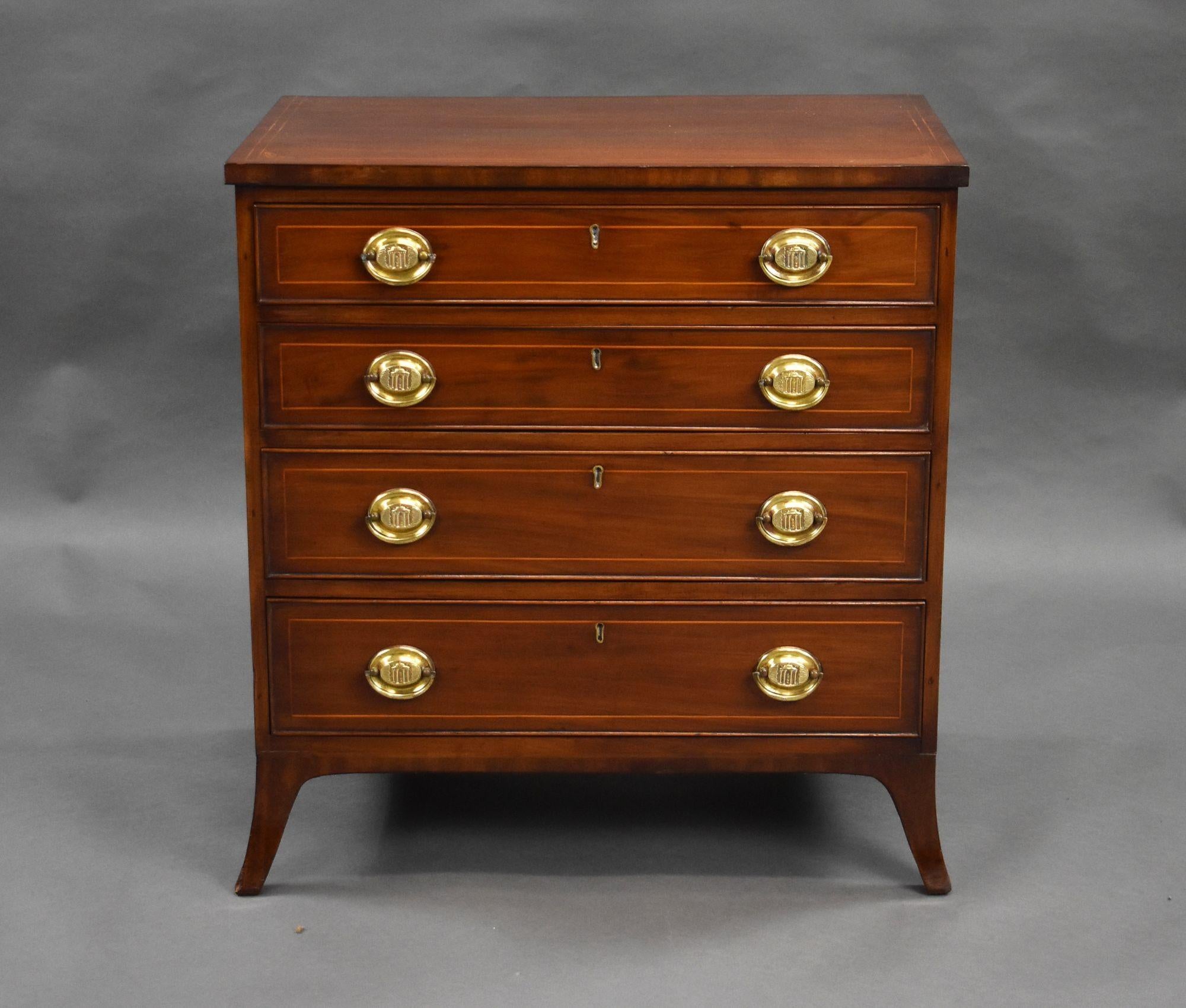 For sale is a good quality small Regency mahogany chest of drawers, having an inlaid top, above a series of four graduated drawers each with brass handles, the chest stands on splayed feet and remains in very good condition.

Width: 68cm Depth: 42cm
