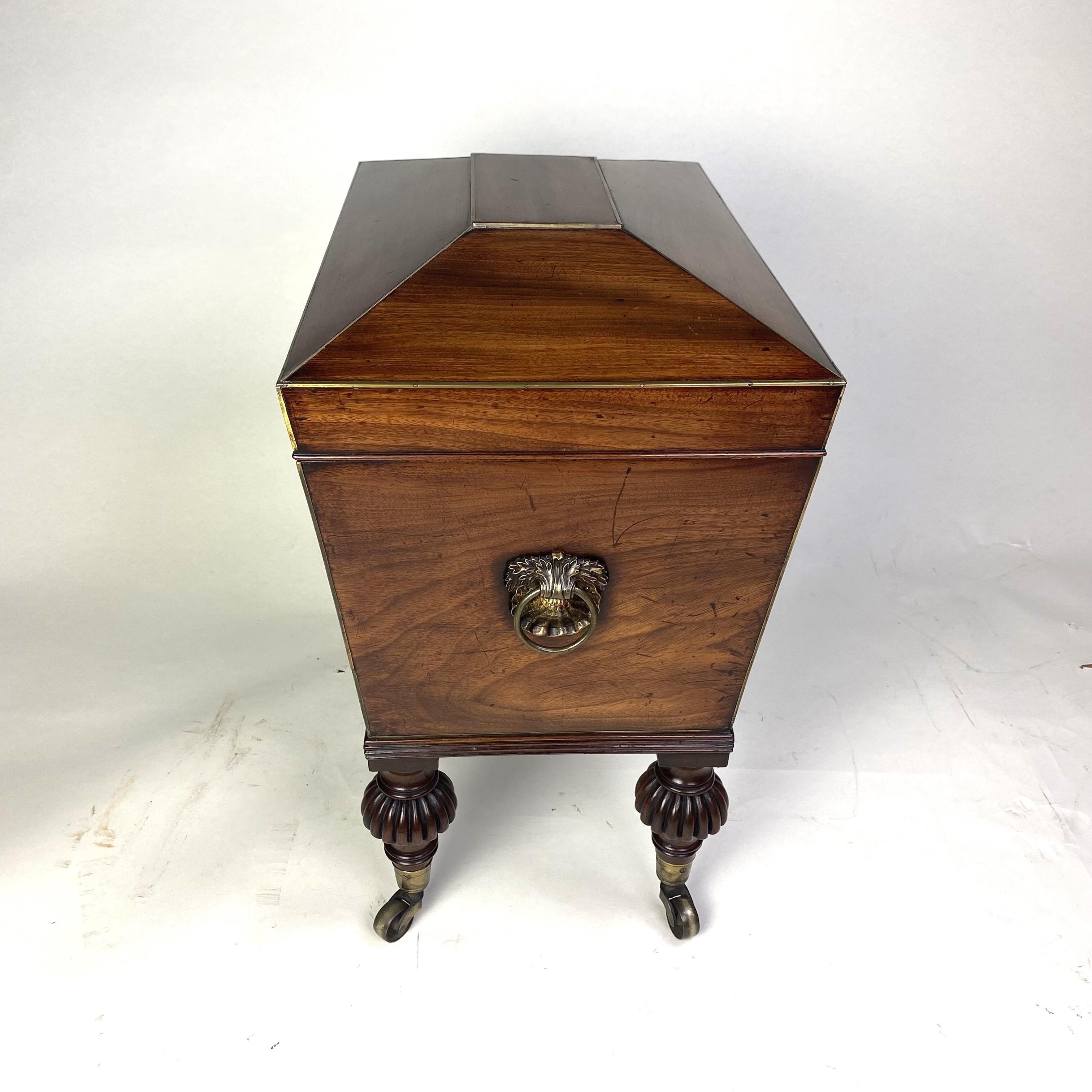 A fine qualioty Regency period mahogany celleate of small size with brass line inlaid edges and raised on turned and reeded inverted vase-shaped legs and fitted with original ring carrying handles with shell-moulded brass backplates adoured with