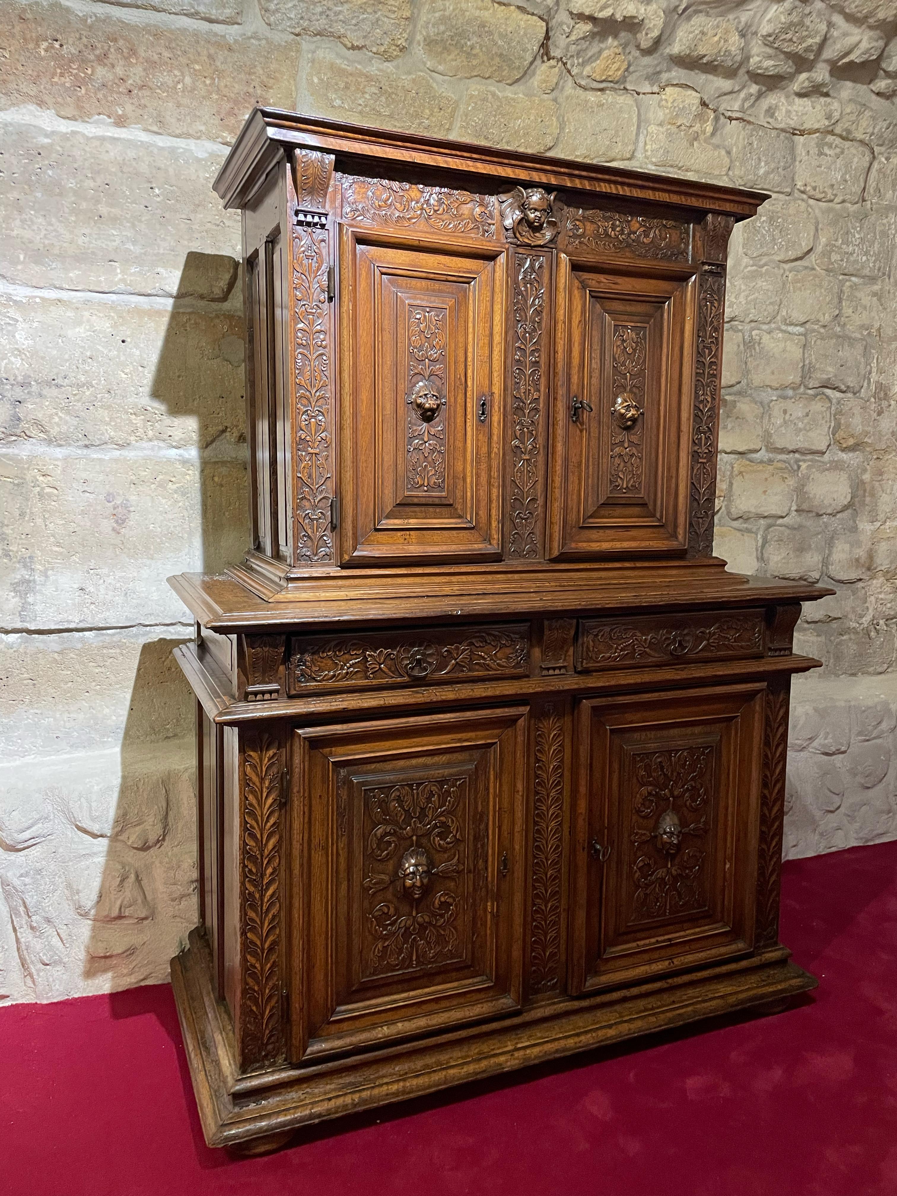 Small renaissance cabinet

ORIGIN : FRANCE
PERIOD : END OF THE 16th CENTURY

Measures: height: 167 cm
length: 123 cm
depth: 58 cm 



This small two-part unit with harmonious proportions opens with four front leaves and two belt drawers.