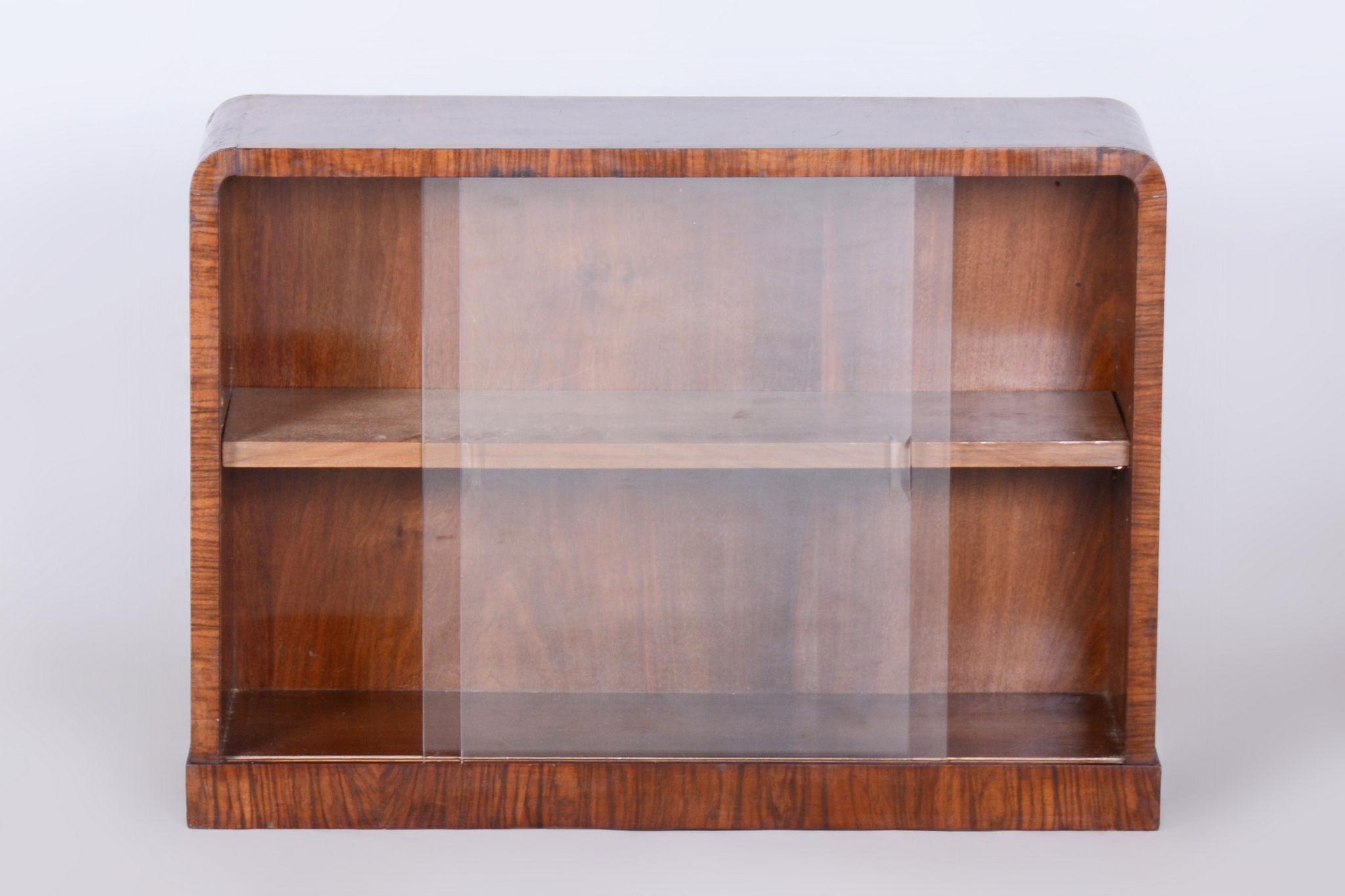 Wood Small Restored Art Deco Display Bookcase, Walnut and Glass, Czech, 1930s For Sale