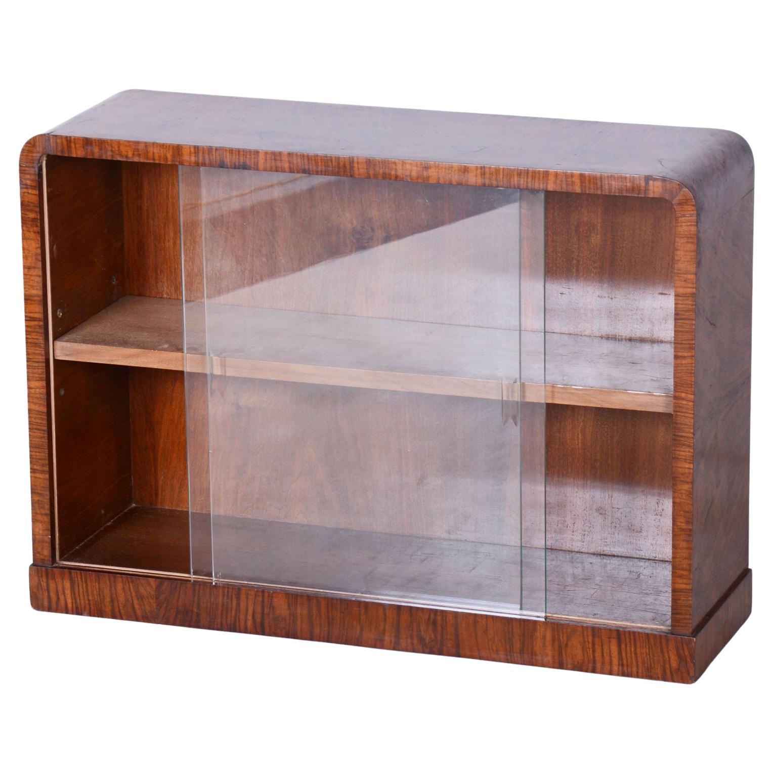 Small Restored Art Deco Display Bookcase, Walnut and Glass, Czech, 1930s For Sale