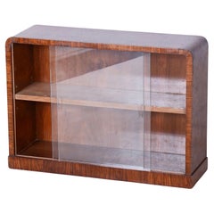 Vintage Small Restored Art Deco Display Bookcase, Walnut and Glass, Czech, 1930s