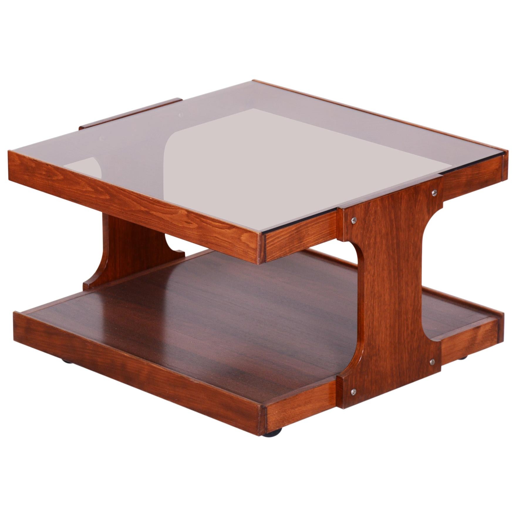 Small Restored Midcentury Czech Beech and Walnut Table, Glass Desk, 1960s For Sale