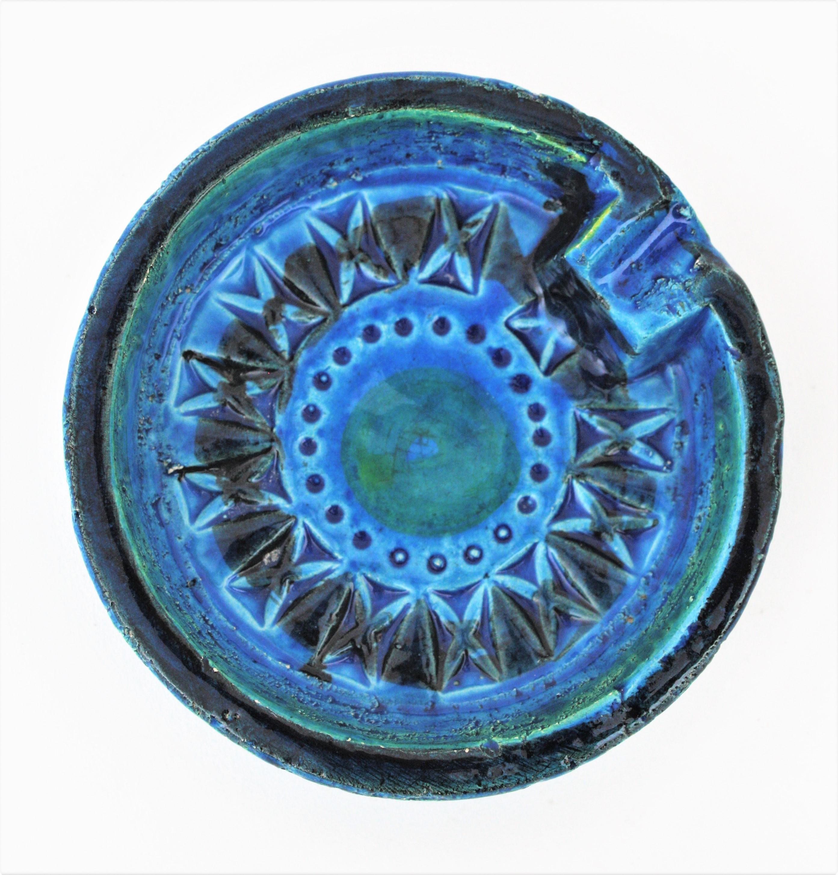 20th Century Small Rimini Blue Glazed Ceramic Circular Ashtray by Aldo Londi for Bitossi