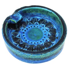 Vintage Small Rimini Blue Glazed Ceramic Circular Ashtray by Aldo Londi for Bitossi
