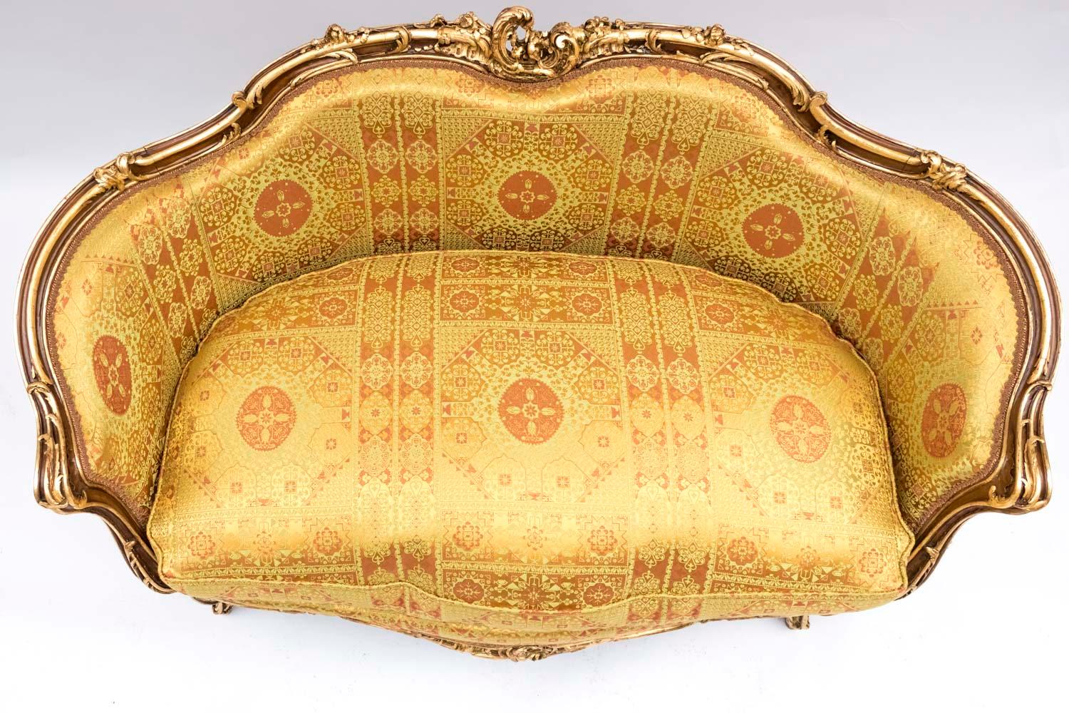 French Small Rocaille Style Sofa, Natural Walnut and Gilt Highlights, Late 19th Century