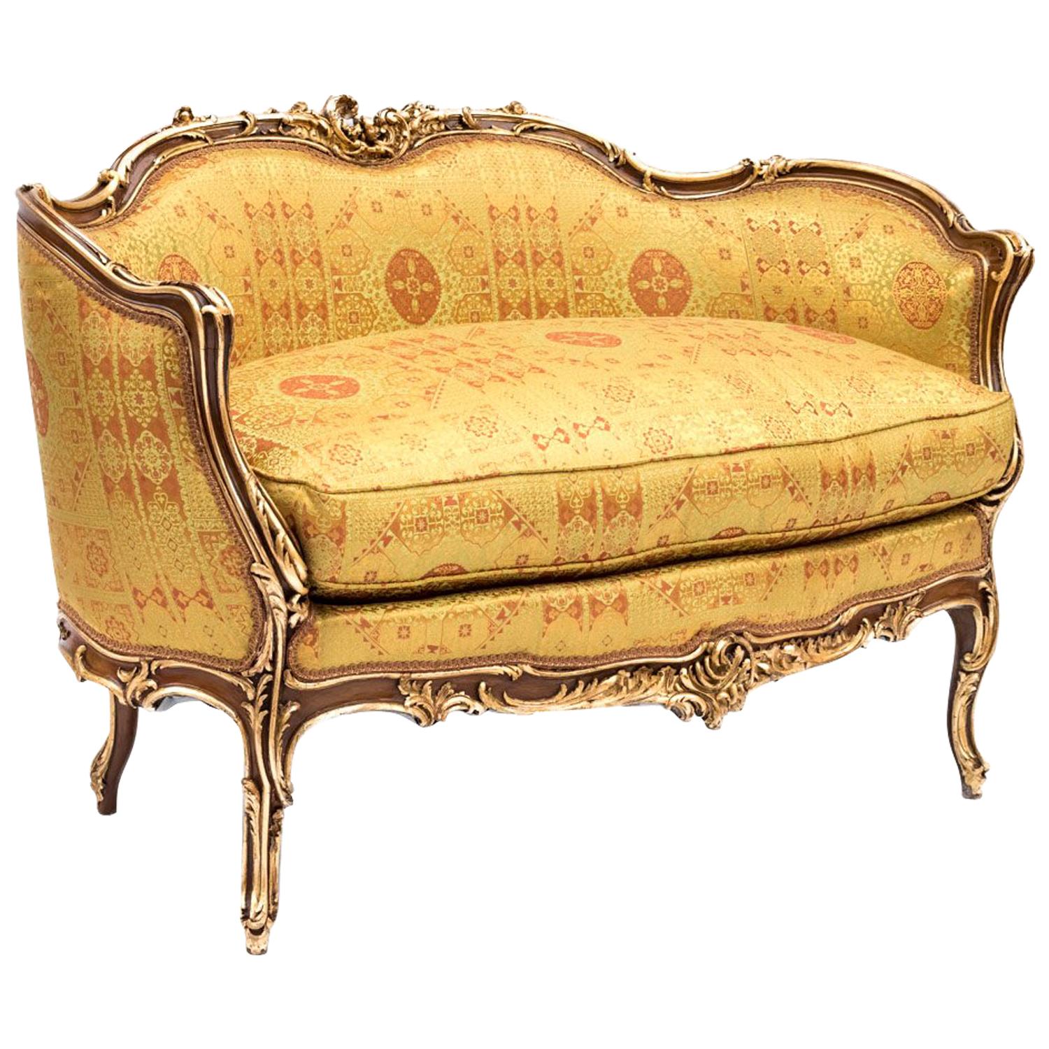 Small Rocaille Style Sofa, Natural Walnut and Gilt Highlights, Late 19th Century