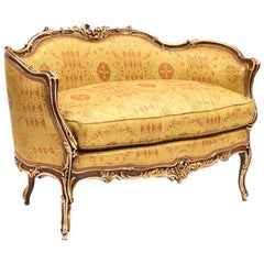 Antique Small Rocaille Style Sofa, Natural Walnut and Gilt Highlights, Late 19th Century