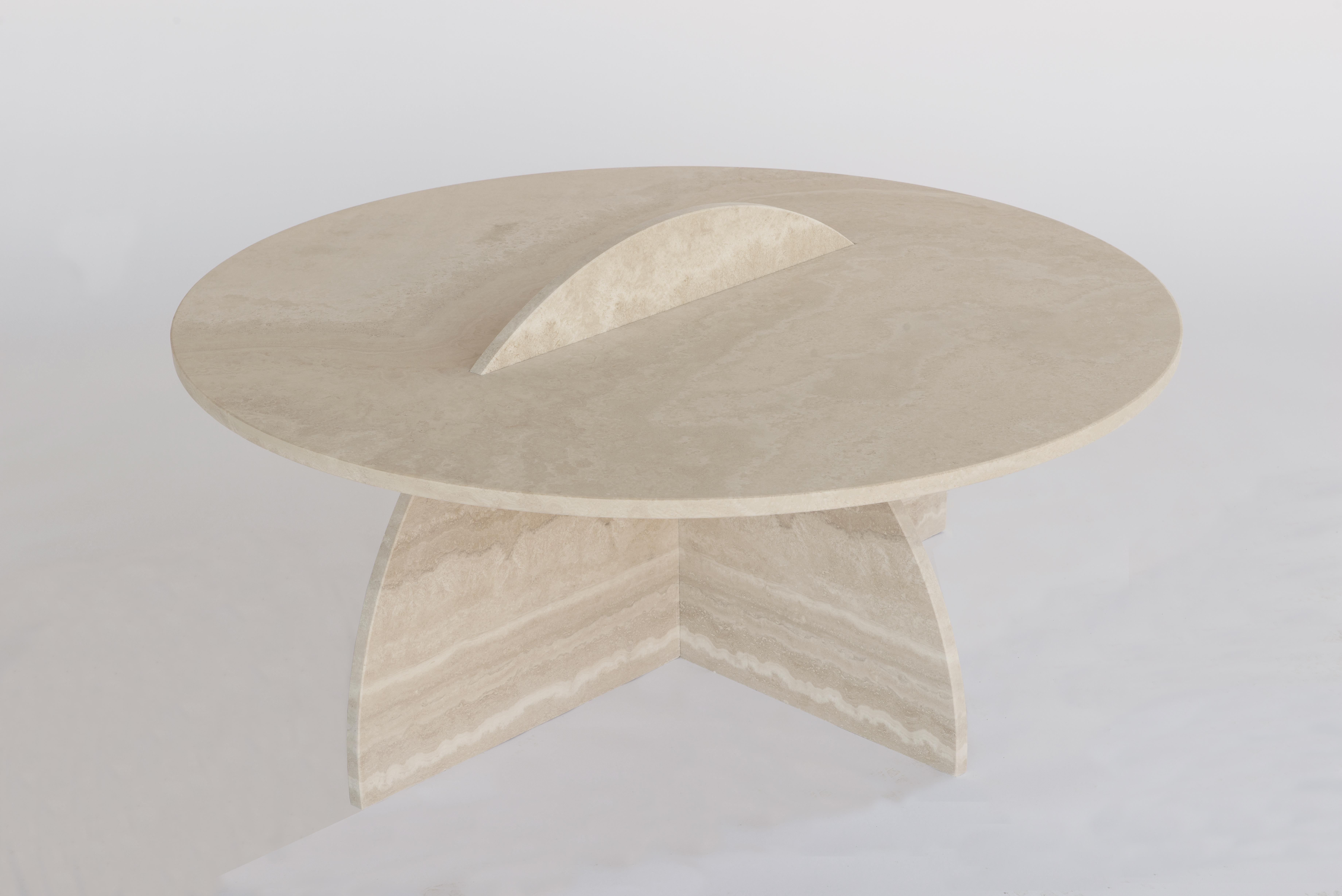 Small Roma coffee table by Emanuela Petrucci.
Dimensions: D 110 x H 40 cm.
Materials: Travertine interlocking pieces.
Finishes: brushed, filled with cement.

Roma is a coffee table designed by Architect Emanuela Petrucci to celebrate the city