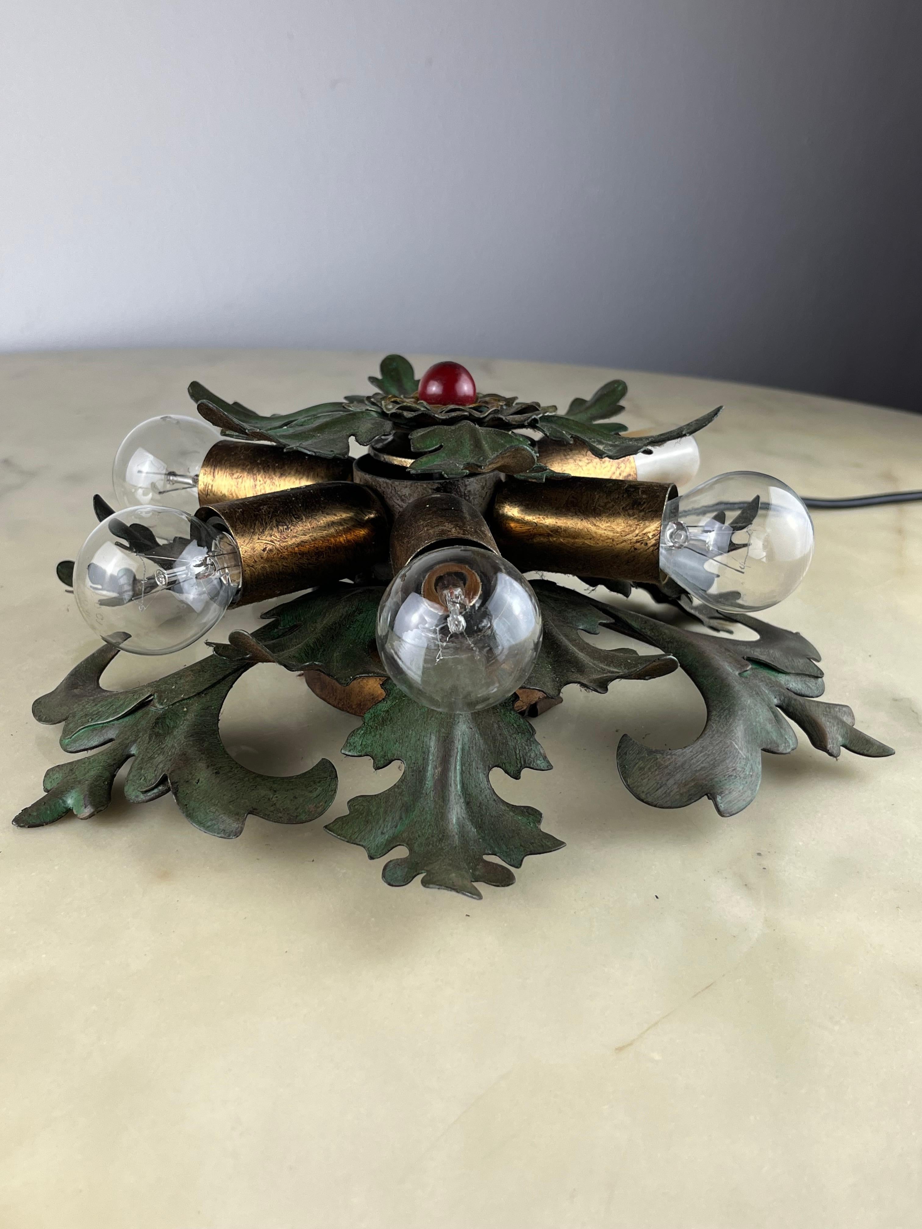 Small Roof Lamp with 6 Lights in Colored Wrought Iron, Italy, 1950s For Sale 2