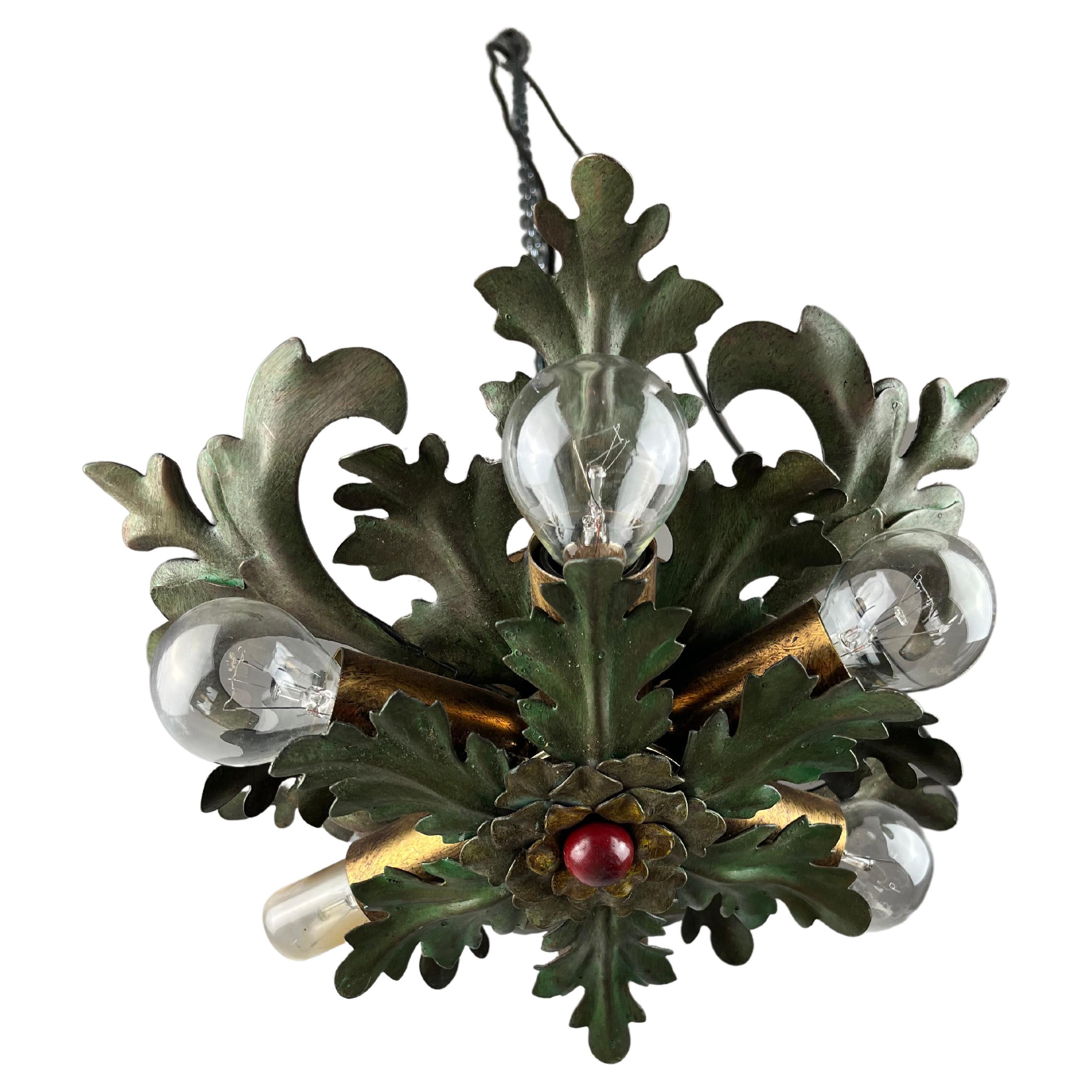 Small Roof Lamp with 6 Lights in Colored Wrought Iron, Italy, 1950s For Sale