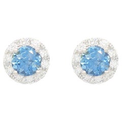 Small Round Aquamarine and Diamond Stud Earrings in 18K White Gold Screw Backs